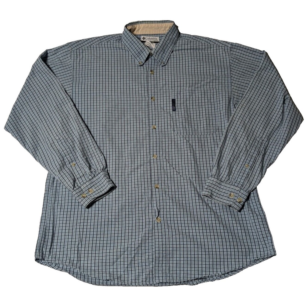 COLUMBIA Men Large Blue‎ Plaid Cotton Button-Up Long Sleeve Shirt